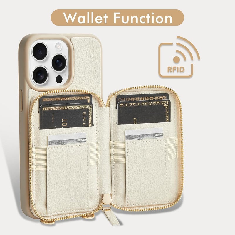 ZVE for iPhone 15 Pro Max Wallet Case, Crossbody Card Holder Phone Purse for Women, RFID Blocking Zipper Leather Cover with Wrist Strap for iPhone 15 Pro Max (6.7 inch)- Beige - Image 2